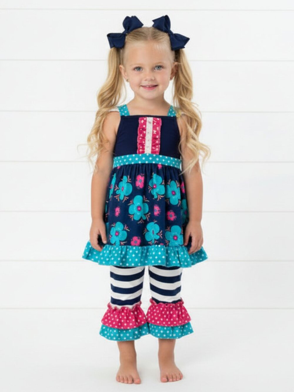 Flower & Striped Blue Capri Set, Milk Silk, Girl's, NWT